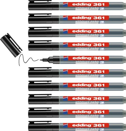 edding 361 Whiteboardmarker - schwarz - 10 Whiteboard Stifte - Rundspitze 1 mm - Boardmarker abwischbar - für Whiteboard, Flipchart, Magnettafel, Pinnwand, Memoboard - Sketchnotes - nachfüllbar