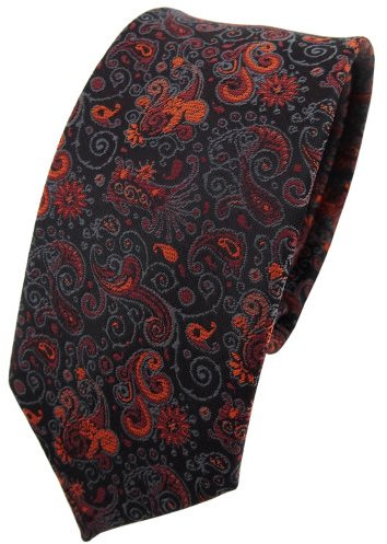 TigerTie - schmale Designer Krawatte in orange braun schwarz grau Paisley und Ornamente gemustert