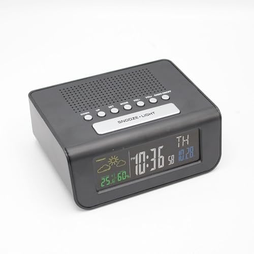FISHTEC - Radio-Réveil Multifonction - Station Météo - Tendances Météorologies - Écran LCD 4 Couleurs - Radio FM à Recherche Auto - 30 Stations Enregistrables - Fonction Sleep, Snooze - 7 Langues