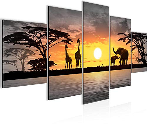 Runa Art Wandbilder Afrika Sonnenuntergang 5 Teilig Bild auf Vlies Leinwand Deko Wohnzimmer Schlafzimmer Panorama Rosa Grau 000252c