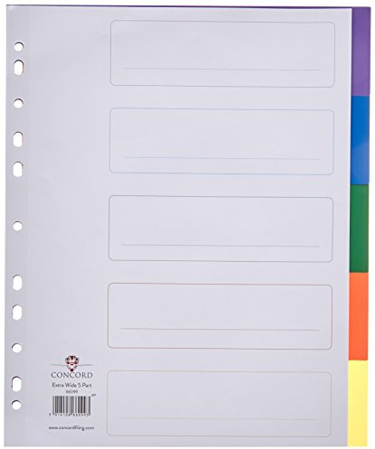Concord Punched Pocket Dividers Plastic Multicolour-tabbed 5-Part Extra Wide A4 White Ref 66099