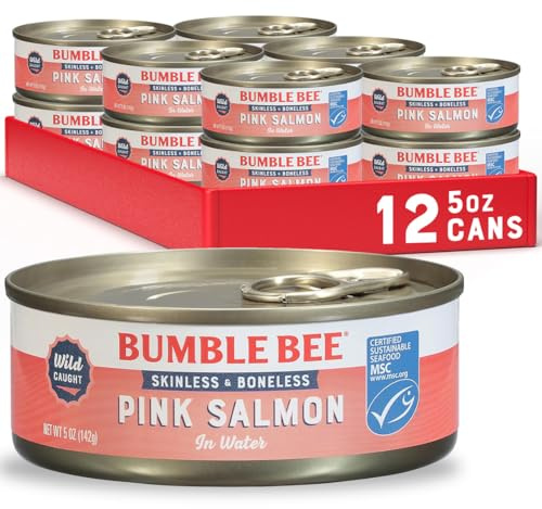 Bumble Bee Skinless & Boneless Canned Pink Salmon in Water, 5 oz Cans (Pack of 12) - Premium Wild Caught Salmon for Sandwiches & Recipes - 20g Protein per Serving - Gluten Free, Kosher, MSC Certified