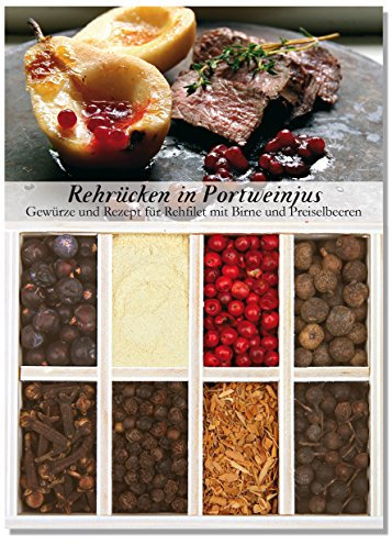 Rehrücken in Portweinjus – 8 Gewürze Set für das Rehfilet mit Birnen und Preiselbeeren(46g) – in einem schönen Holzkästchen – mit Rezept und Einkaufsliste – Geschenkidee für Feinschmecker von Feuer & Glas