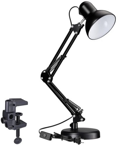 TORCHSTAR Metal Swing Arm Desk Lamp Interchangeable Base Or Clamp Classic Architect Clip On Study Table Lamp Multi-Joint Adjustable Arm Black Finish