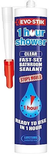 EVO-STIK 1 Hour Shower Bathroom Sealant, Fast Setting, Ready to Use in 1 Hour, Stops Mould, Colour: Clear, Size: 290ml