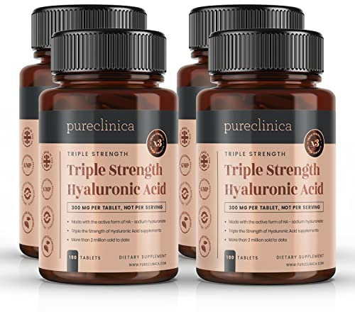 Hyaluronsäure Tabletten 300mg x 720 Stück (4 Flaschen mit je 180 Tabletten - 6 Monate Vorrat). Dreifache Stärke Hyaluronsäure. 300% stärker als andere HLA Tabletten