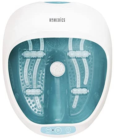HoMedics Masseur de luxe pour les pieds, fonction chaleur et maintien au chaud, rouleaux de massage par vibrations apaisantes, 4 bandes à bulles pour hydromassage, 2 pierres ponces pour pédicure –