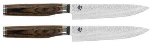 KAI Shun Premier Tim Mälzer japanisches Steakmesser 2er Set 13 cm Klingenlänge - VG-MAX Kern 61 HRC, 32 Lagen Damast hochglanzpoliert - Pakkaholz mittelbraun - Hammerschlagoberfläche - Made in Japan
