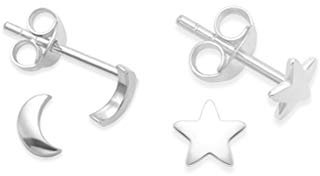 Ensemble de 2 paires: Boucles d'oreilles en argent sterling Lune et étoile - taille : Petite - 5 mm & 4.7 mm. Boîte Cadeau.