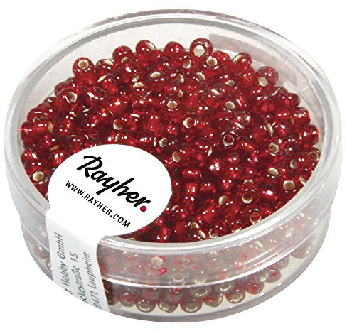 Rayher 1405518 Rocailles, 2,6 mm ø, mit Silbereinzug, rot
