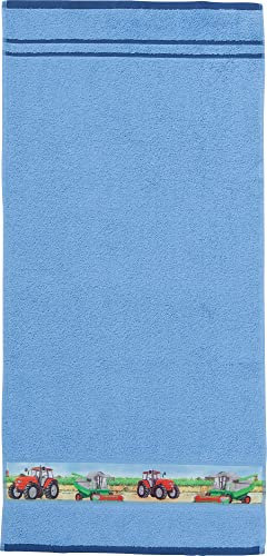 Erwin Müller Kinder-Handtuch Frottier hellblau Größe 50x100 cm - mit Webbordüre Traktor, Bauernhof, 100% Baumwolle