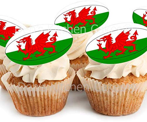 Welsh Rugby Cupcke Toppers - Wales - Cymru - Rugby Ball Oval Decorations - Edible Wafer 4cm x 24 by Deb's Kitchen Cakes