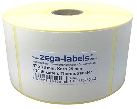 Thermotransfer Etiketten auf Rolle - 57 x 76 mm - 930 Stück je Rolle - Kern: 25 mm - aussen gewickelt - permanent haftend - Druckverfahren: Thermotransfer (Drucken mit Farbband)