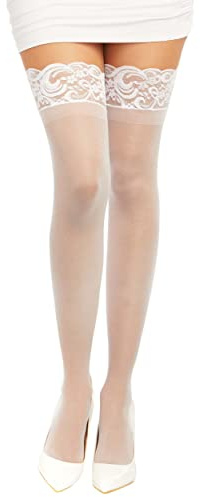 Dreamgirl Women’s Sheer Thigh High Pantyhose Hosiery Nylons Stockings with Comfort Lace Top Anti-Slip Silicone Elastic Band, White, One Size