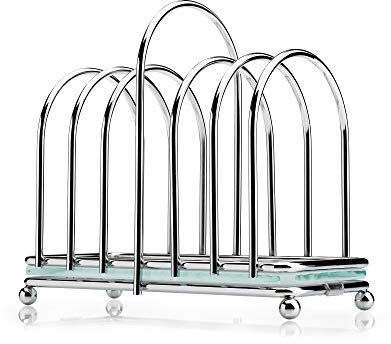 Kilo BA87 Art Deco Design Chrome 6 Slice Toast Rack with Frosted Glass Base, Ball Feet and Loop Carry Handle, Silver