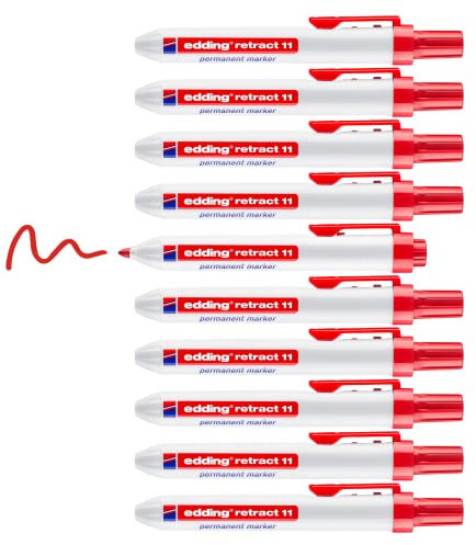edding retract 11 Permanentmarker - rot - 10 Stifte - Rundspitze 1,5-3 mm - wasserfest, schnell-trocknend - Permanentmarker für einfache Einhandbedienung - für Karton, Kunststoff, Holz, Metall, Glas