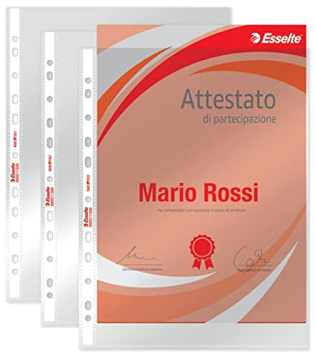 Esselte Buste Perforate Office, in PPL Lucido, per Archiviare e Conservare Documenti in Formato A4, Confezione da 50 Buste, 395011300