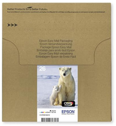 Epson Original 26 Tinte Eisbär (XP-600, XP-700, XP-800, XP-510, XP-710, XP-615, XP-610, XP-810, XP-720, XP-820, XP-520, XP-620, XP-625), Multipack 4-farbig