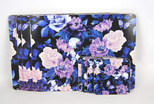 Placemats and Coasters Set of 4 Mats Black with Blue Pink Lilac Flower Design