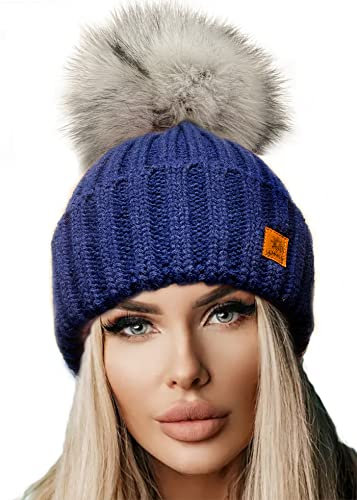 4sold Rita Damen Wurm Winter Style Beanie Strickmütze Mütze mit Fellbommel Bommelmütze HAT SKI Snowboard