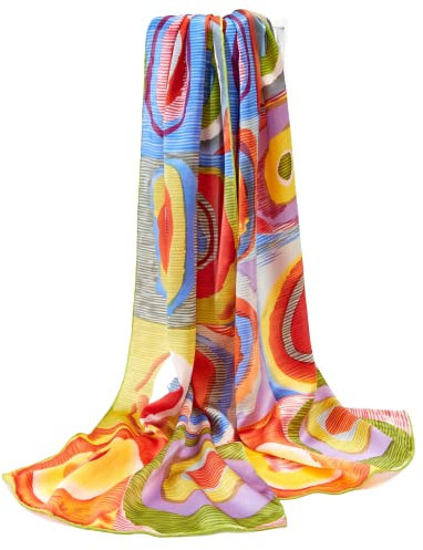 Prettystern Damen 160cm Langer Seidenschal bunt Kunstdrucke Handgerollt Kandinsky Silk Scarf farbstudie Quadrate P701
