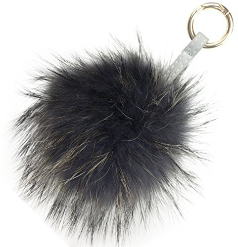 Realkontor XXL Taschenanhänger mit Lederband und Karabiner, Schlüsselanhänger Bommel Pelzbommel Pompon Pelz Fell Echtpelz, Anthrazit-schwarz, XXL 16-20 cm Durchmesser
