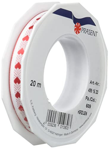 Präsent Herzilein Dekorationsband weiß/rot, 20 m Elegantes Geschenkband zum Verzieren & Basteln, 15 mm Breite, Schleifenband für Hochzeit, Taufe & andere besondere Anlässe