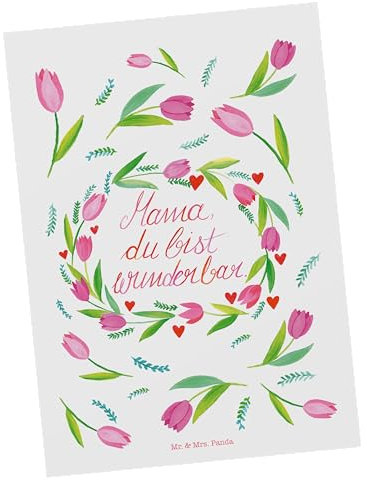 Mr. & Mrs. Panda Postkarte Mama Tulpen - Geschenk, Einladungskarten Geburtstag, Grußkarte, Sommer Deko, Einladung, positive Botschaft,