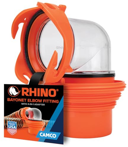 Camco RhinoFlex Clear RV Sewer Hose Elbow with 4-in-1 Adapter - Features a 360-Degree Fitting Rotation and Built-in Gasket for Odor-Tight Protection - Fits 4 Sizes of Dump Station Inlets (39736)