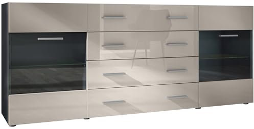 Vladon Sideboard Kommode Bari V2, Made in Germany, Korpus in Schwarz matt/Front in Sandgrau Hochglanz (166 x 72 x 35)