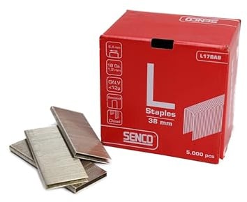 SENCO L17BAB 38mm Medium Wire L‑Staples – Galvanised - Sencoted - 18 Gauge - 6.4mm Crown - Glue‑Collated Carbon Steel Fasteners for Cabinetry - Underlayment - Insulation & Upholstery