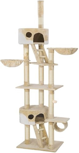tectake® Árbol para Gatos Rascador, 2 Casetas, Varias Alturas, 3 Plataformas, Protección Antivuelco, Cama Gatos, Juguetes para Gatos, Rascadores para Gatos, Torre Gatos - Beige/Blanco