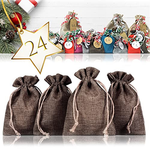 Ganzoo Jutesäckchen/Jutebeutel/Jute-Sack 24er Set für Adventskalender mit Geschenk-Verpackung, 13cm x 9,5cm, Jutebeutel, Stoffbeutel, Natur Säckchen, Geschenksäckchen, Sack, Beutel, Dunkel-Braun
