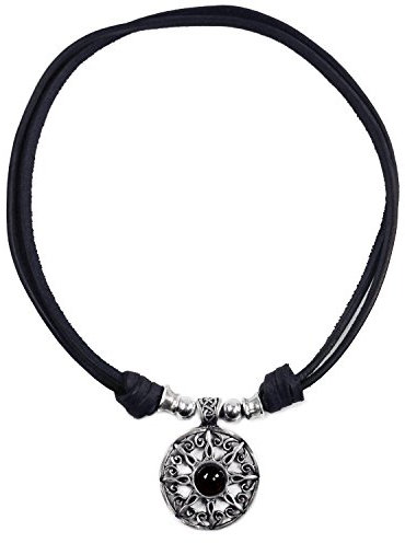Beau Soleil Jewelry Damen Lederkette Halskette mit Onyx Sonnen Anhänger Längenverstellbar Lederschmuck mit Edelstein (Schwarz)
