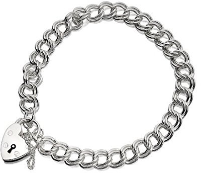F.Hinds Women Jewellery Sterling Silver Double Curb Charm Bracelet Heart Padlock
