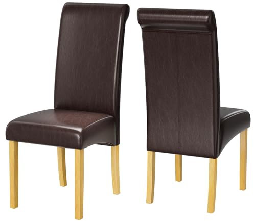 1home Faux Leather Dining Chairs with Solid Wooden Legs, Padded Seat and Curved Backrest, Easy to Clean Waterproof Chairs, Set of 2, Ideal for Kitchen, Living Room, and Study, Brown