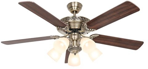 132cm Centurion 5 Blade Ceiling Fan with Light Finish: Antique Brass