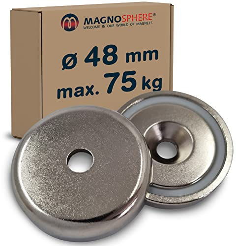 Topfmagnet Neodym Magnet zum Anschrauben rund extra stark - 75 kg - mit Senkbohrung - Starke NdFeB-Magnete im Stahltopf Ø 48 mm mit Loch/Bohrung und Senkung für Büro Haushalt Werkstatt
