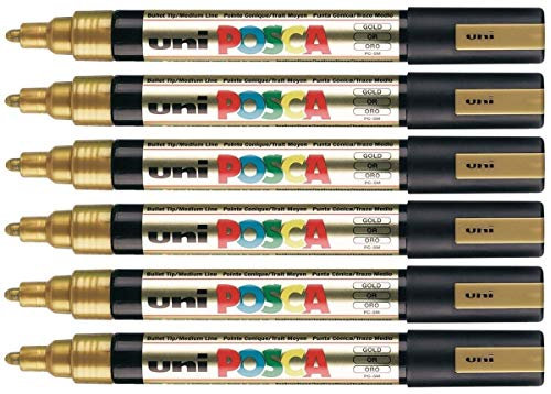 Uni Posca PC-5M Color Dorado Rotuladores de Pintura 2.5mm Medio Punta Redonda Punta Escribe en Cualquier Superficie Vidrio Metal Madera Plástico Tela (Paquete de 6)