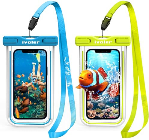 ivoler Waterproof Phone Pouch, 2-Pack IPX8 Universal Fluorescent Design Underwater Dry Bags for Swimming Compatible with iPhone 16/15/14/13/12 Pro Max, Samsung, Huawei Up to 7(Blue+Green)