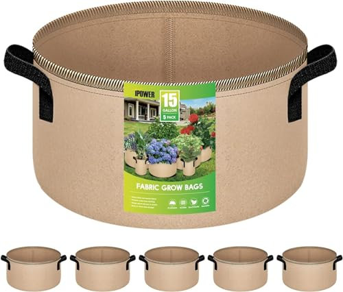 iPower Paquete de 5 Bolsas de Cultivo de 15 galones, macetas de Tela no Tejida, contenedor de aireación con Asas de Correa para jardín y plantación, Paquete de 5 Unidades, Color Tostado, 15 galones