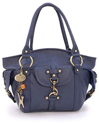 Catwalk Collection Handbags - Damen Leder Schultertasche - Handtasche Mittelgroß mit Viele Fächer - KARLIE - Blau