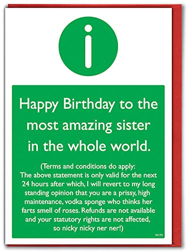 Brainbox Candy - Funny Birthday Cards For Sister - 'Most Amazing Sister - T & C's Apply' - Happy Birthday Sister - Hilarious Joke Banter Cards For Sisters Birthday