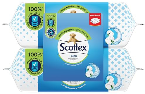 Scottex Papel Higiénico Húmedo Fresh con Agua Micelar y Vitamina E, pack x 2, 148 toallitas húmedas desechables por el WC