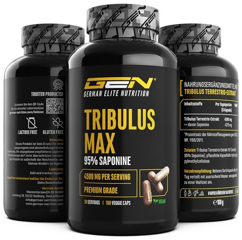 Tribulus Max - 180 gélules - Hautement dosé avec 4500 mg par dose journalière - Premium : 95% saponines - Extrait pur de Tribulus Terrestris 10:1 - Vegan