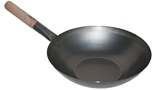 AAF Nommel ®, Wok Pfanne ca. Ø 33 cm flacher Boden für Gas, Induktion, Ceran und Elektro, mit Holzgriff