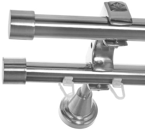 BASIT Rohr + Innenlauf Gardinenstange Wandmontage 2 läufig 320cm lang Edelstahl Look Metall Gardinenstange 2 läufig Wandbefestigung Ø20mm I H60 RI