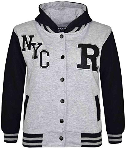 A2Z 4 Kids Boys Girls Hooded Varsity - B.B NYC Grey Black 13 | Contrast Sleeve Outerwear With Ribbed Trim For Everyday Comfort