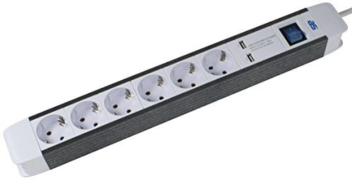 as - Schwabe 6-Fach Steckdosenleiste Flash weiß mit 2 USB Ports - Mehrfachstecker mit 1,5 m Kabel - beleuchteter Schalter - Schutzkontakt - Kabelführung - Wandmontage - 230V/16A - lP20, 18212
