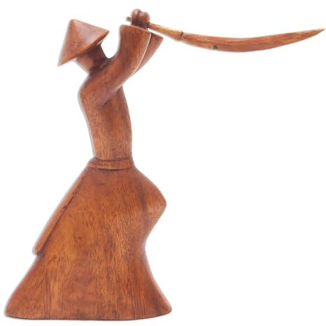 NOVICA Hand Geschnitzte natürliche Maserung Suar Holz Krieger Skulptur, 7,75 Tall ‚Samurai-Strategie‘ Braun 1.6